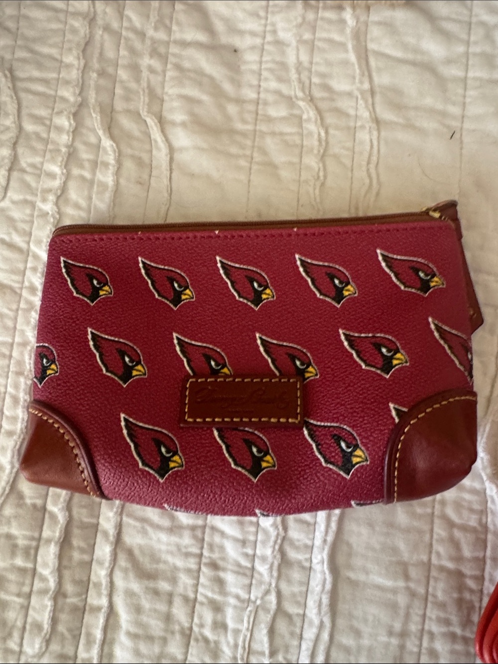 Dooney & Bourke Cardianls  Logo Red Zip Wristlet Pouch with Brown Trim
